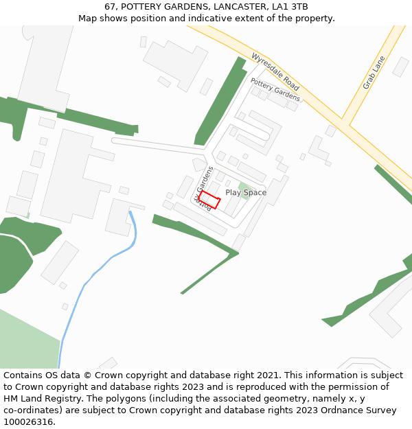 67, POTTERY GARDENS, LANCASTER, LA1 3TB: Location map and indicative extent of plot