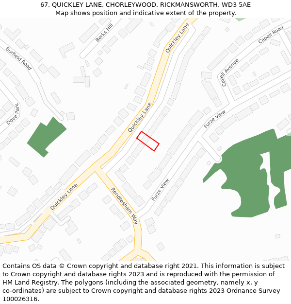 67, QUICKLEY LANE, CHORLEYWOOD, RICKMANSWORTH, WD3 5AE: Location map and indicative extent of plot