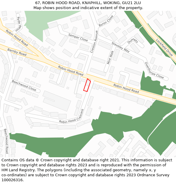 67, ROBIN HOOD ROAD, KNAPHILL, WOKING, GU21 2LU: Location map and indicative extent of plot