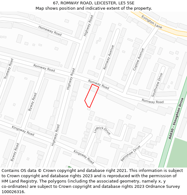 67, ROMWAY ROAD, LEICESTER, LE5 5SE: Location map and indicative extent of plot