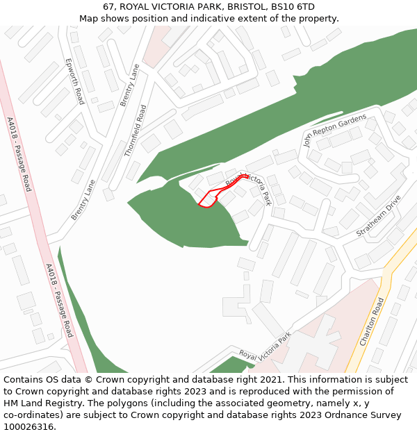 67, ROYAL VICTORIA PARK, BRISTOL, BS10 6TD: Location map and indicative extent of plot