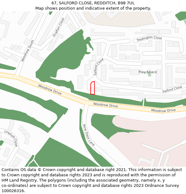 67, SALFORD CLOSE, REDDITCH, B98 7UL: Location map and indicative extent of plot