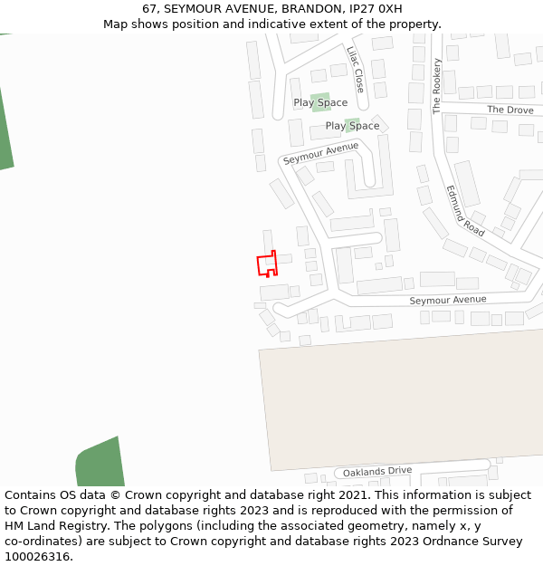 67, SEYMOUR AVENUE, BRANDON, IP27 0XH: Location map and indicative extent of plot