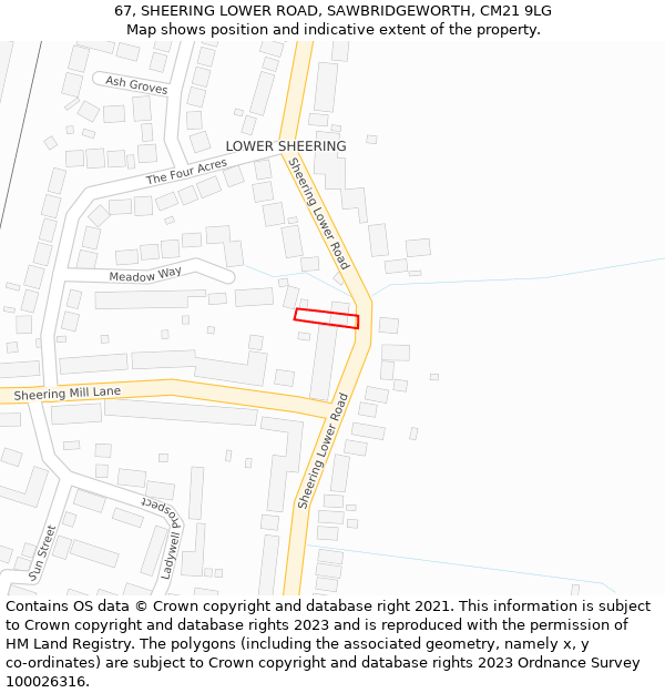 67, SHEERING LOWER ROAD, SAWBRIDGEWORTH, CM21 9LG: Location map and indicative extent of plot