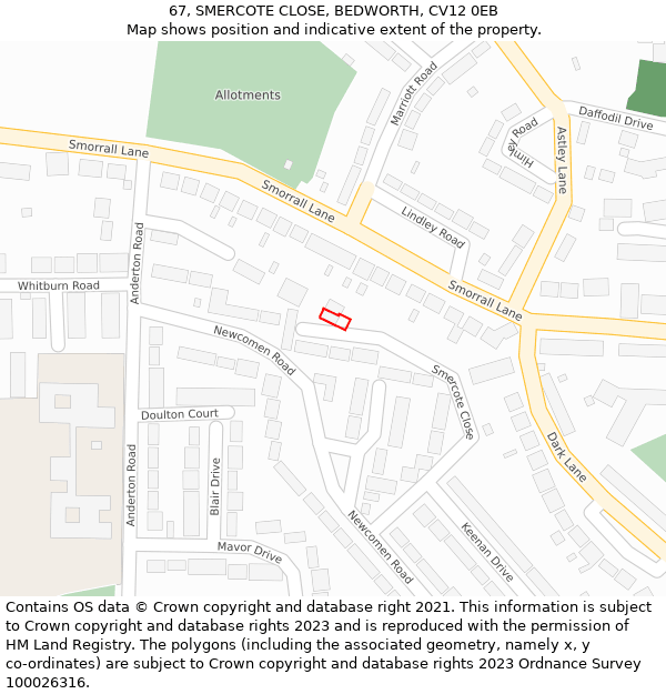 67, SMERCOTE CLOSE, BEDWORTH, CV12 0EB: Location map and indicative extent of plot