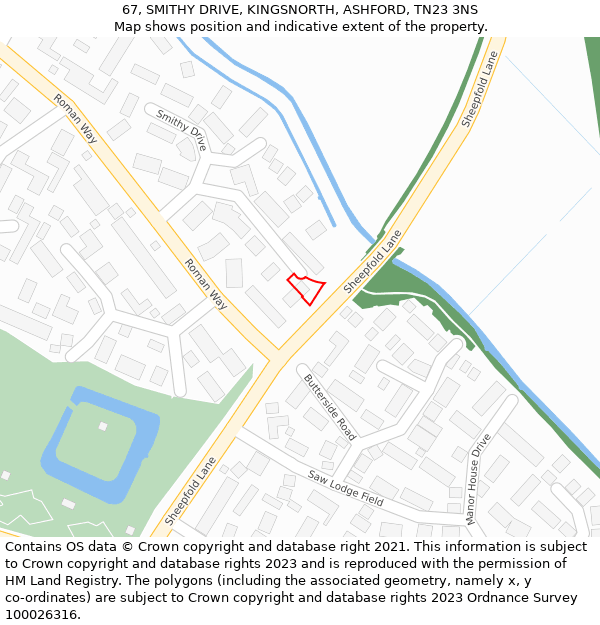 67, SMITHY DRIVE, KINGSNORTH, ASHFORD, TN23 3NS: Location map and indicative extent of plot