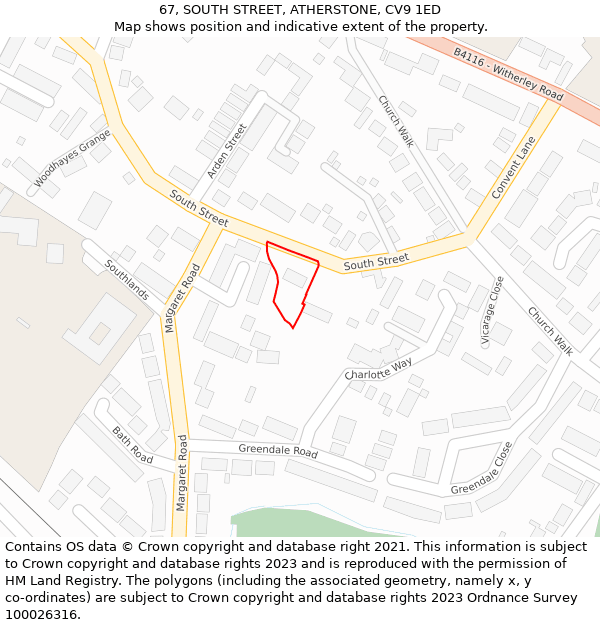 67, SOUTH STREET, ATHERSTONE, CV9 1ED: Location map and indicative extent of plot