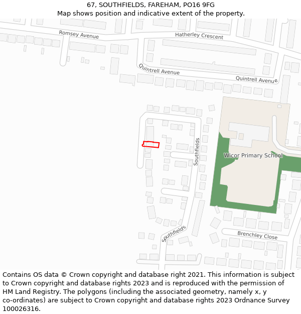 67, SOUTHFIELDS, FAREHAM, PO16 9FG: Location map and indicative extent of plot