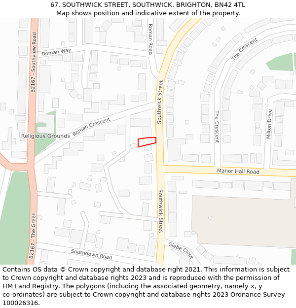 67, SOUTHWICK STREET, SOUTHWICK, BRIGHTON, BN42 4TL: Location map and indicative extent of plot