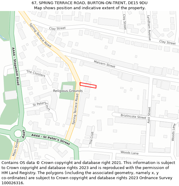 67, SPRING TERRACE ROAD, BURTON-ON-TRENT, DE15 9DU: Location map and indicative extent of plot