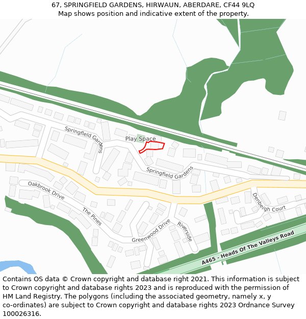 67, SPRINGFIELD GARDENS, HIRWAUN, ABERDARE, CF44 9LQ: Location map and indicative extent of plot