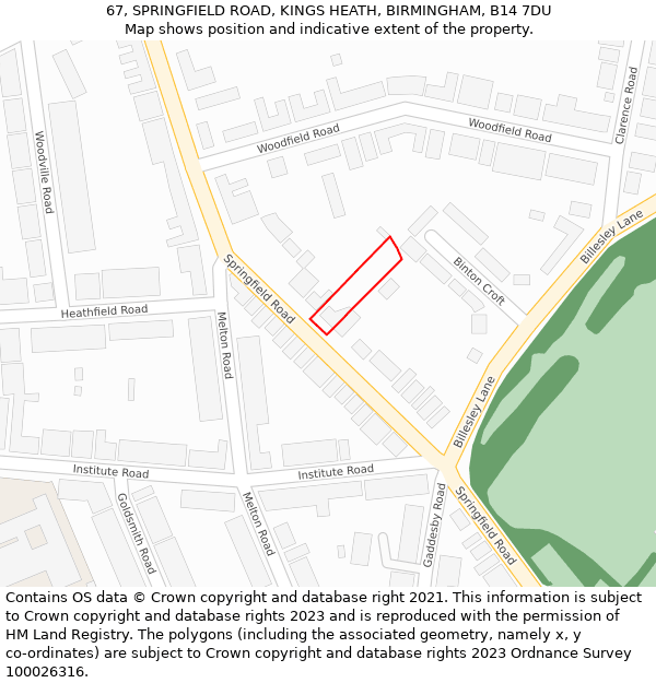 67, SPRINGFIELD ROAD, KINGS HEATH, BIRMINGHAM, B14 7DU: Location map and indicative extent of plot