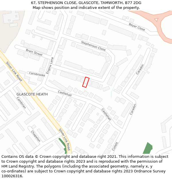 67, STEPHENSON CLOSE, GLASCOTE, TAMWORTH, B77 2DG: Location map and indicative extent of plot