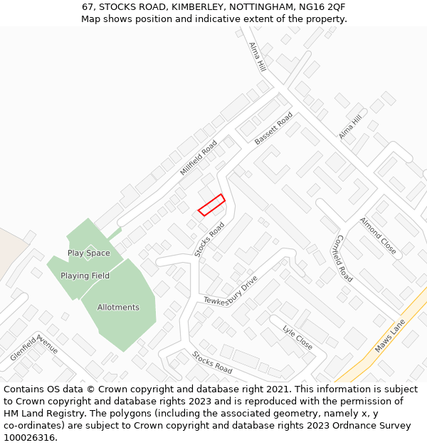 67, STOCKS ROAD, KIMBERLEY, NOTTINGHAM, NG16 2QF: Location map and indicative extent of plot