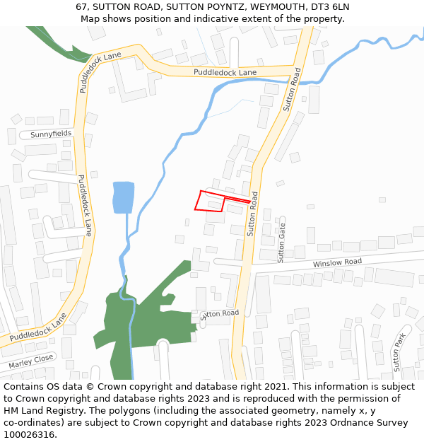 67, SUTTON ROAD, SUTTON POYNTZ, WEYMOUTH, DT3 6LN: Location map and indicative extent of plot