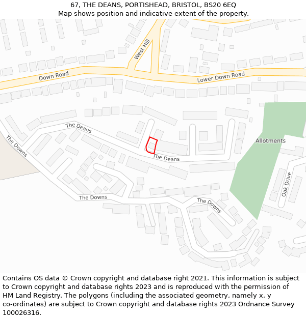 67, THE DEANS, PORTISHEAD, BRISTOL, BS20 6EQ: Location map and indicative extent of plot