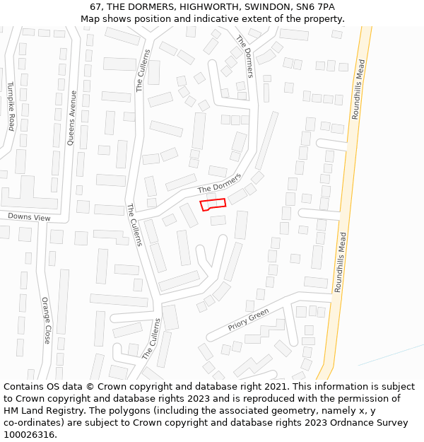 67, THE DORMERS, HIGHWORTH, SWINDON, SN6 7PA: Location map and indicative extent of plot