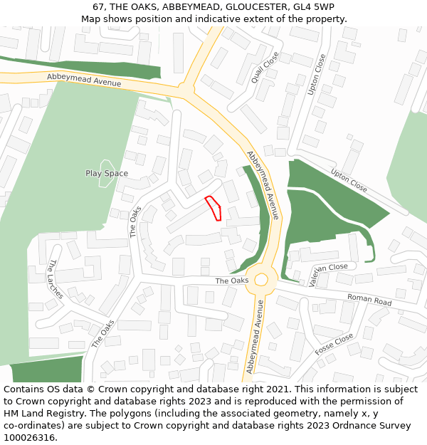 67, THE OAKS, ABBEYMEAD, GLOUCESTER, GL4 5WP: Location map and indicative extent of plot