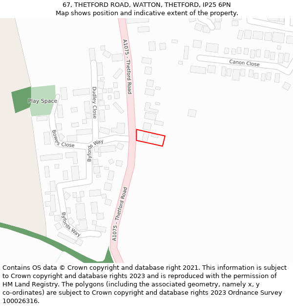 67, THETFORD ROAD, WATTON, THETFORD, IP25 6PN: Location map and indicative extent of plot