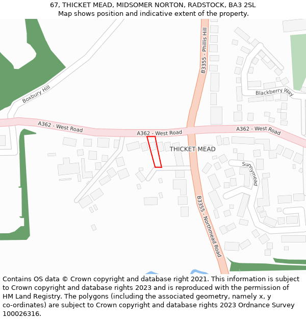 67, THICKET MEAD, MIDSOMER NORTON, RADSTOCK, BA3 2SL: Location map and indicative extent of plot