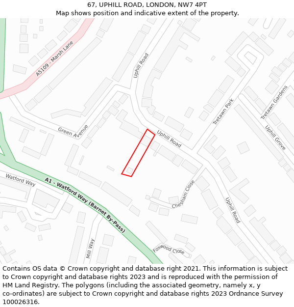 67, UPHILL ROAD, LONDON, NW7 4PT: Location map and indicative extent of plot