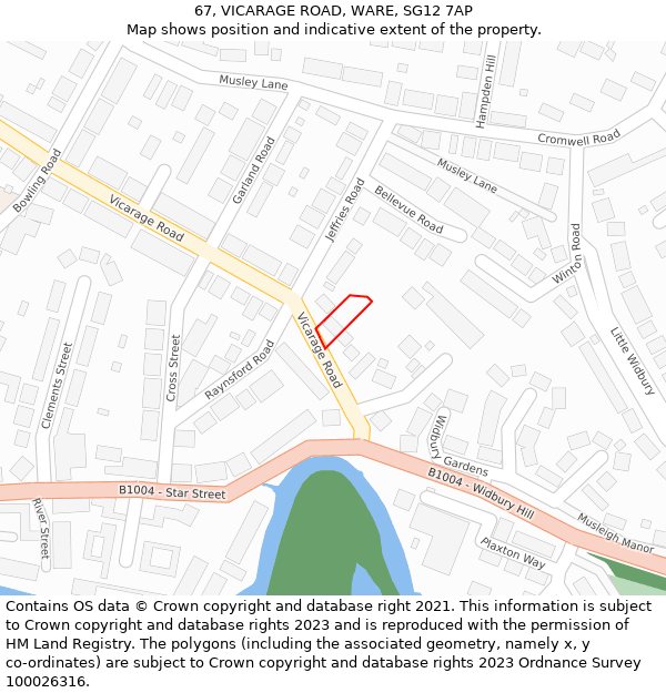 67, VICARAGE ROAD, WARE, SG12 7AP: Location map and indicative extent of plot