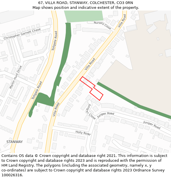 67, VILLA ROAD, STANWAY, COLCHESTER, CO3 0RN: Location map and indicative extent of plot