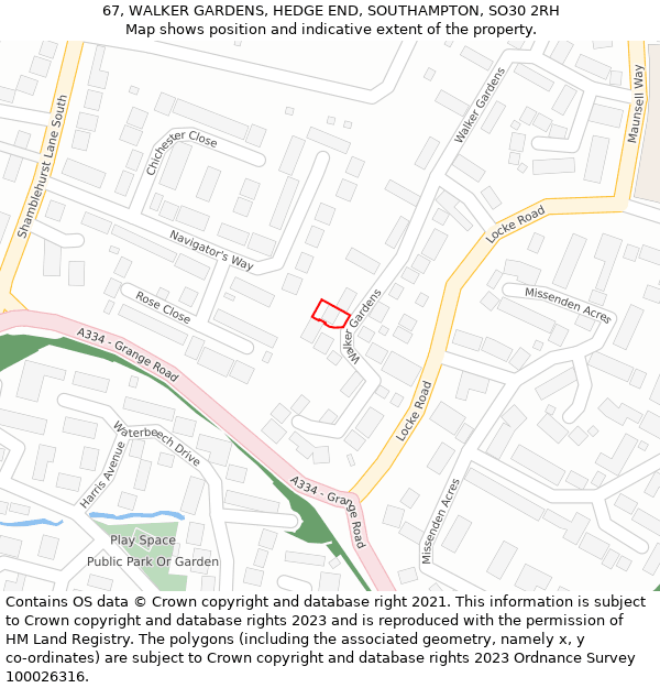 67, WALKER GARDENS, HEDGE END, SOUTHAMPTON, SO30 2RH: Location map and indicative extent of plot