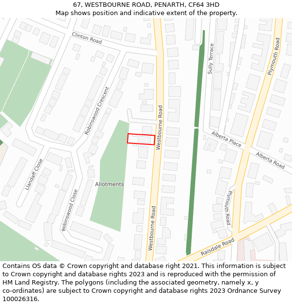 67, WESTBOURNE ROAD, PENARTH, CF64 3HD: Location map and indicative extent of plot