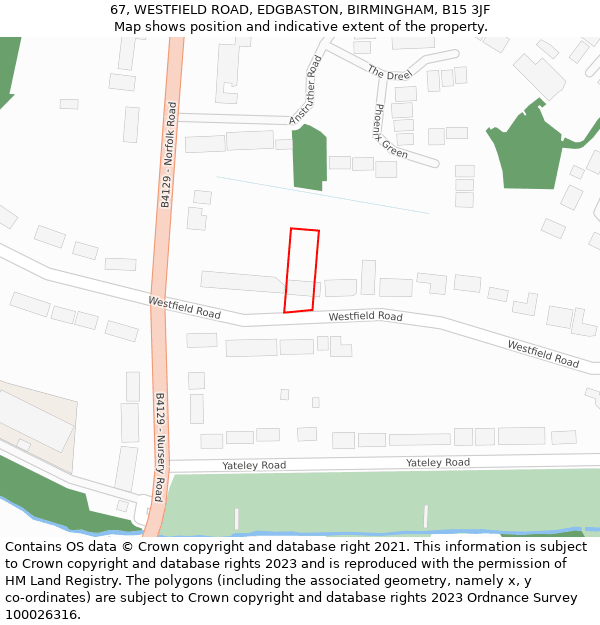 67, WESTFIELD ROAD, EDGBASTON, BIRMINGHAM, B15 3JF: Location map and indicative extent of plot