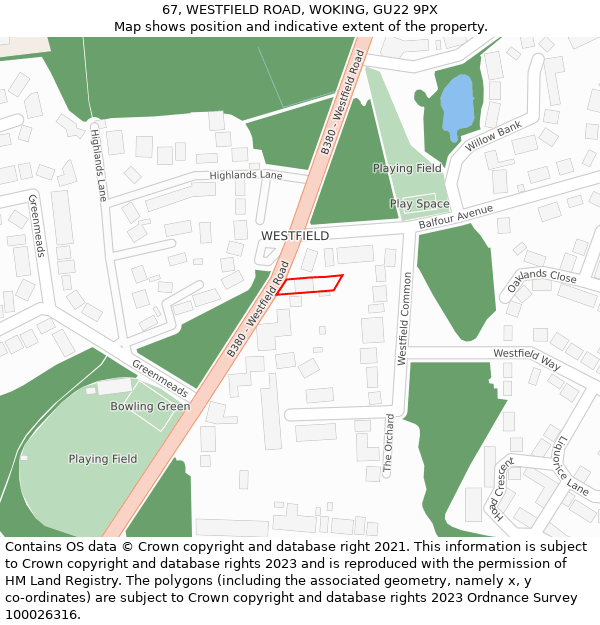 67, WESTFIELD ROAD, WOKING, GU22 9PX: Location map and indicative extent of plot