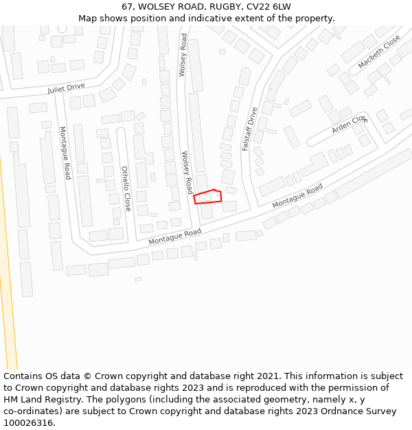 67, WOLSEY ROAD, RUGBY, CV22 6LW: Location map and indicative extent of plot