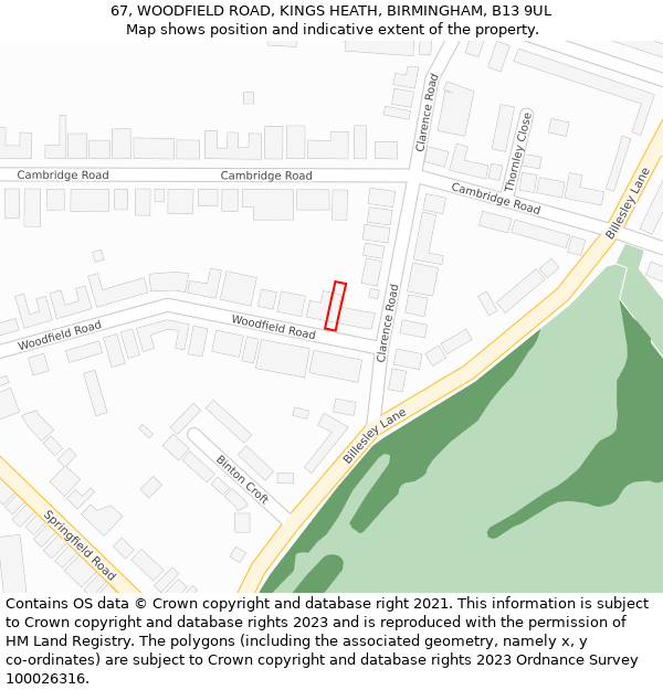 67, WOODFIELD ROAD, KINGS HEATH, BIRMINGHAM, B13 9UL: Location map and indicative extent of plot