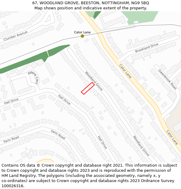 67, WOODLAND GROVE, BEESTON, NOTTINGHAM, NG9 5BQ: Location map and indicative extent of plot