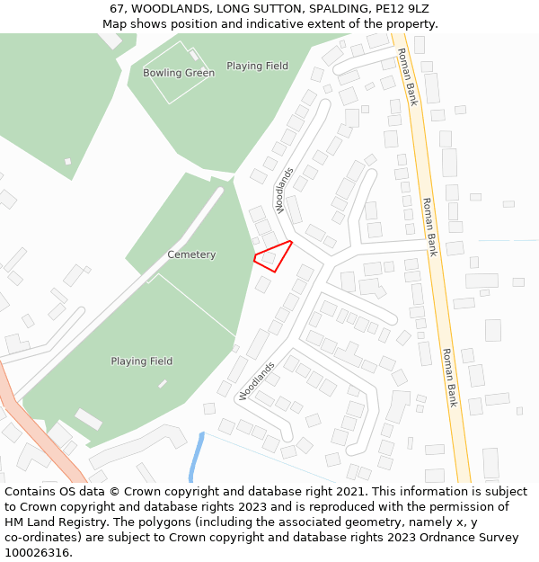 67, WOODLANDS, LONG SUTTON, SPALDING, PE12 9LZ: Location map and indicative extent of plot