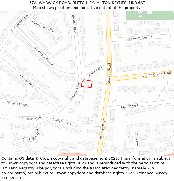 67A, WARWICK ROAD, BLETCHLEY, MILTON KEYNES, MK3 6AT: Location map and indicative extent of plot