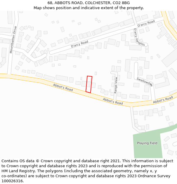 68, ABBOTS ROAD, COLCHESTER, CO2 8BG: Location map and indicative extent of plot