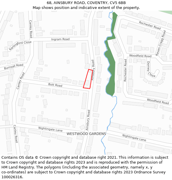 68, AINSBURY ROAD, COVENTRY, CV5 6BB: Location map and indicative extent of plot