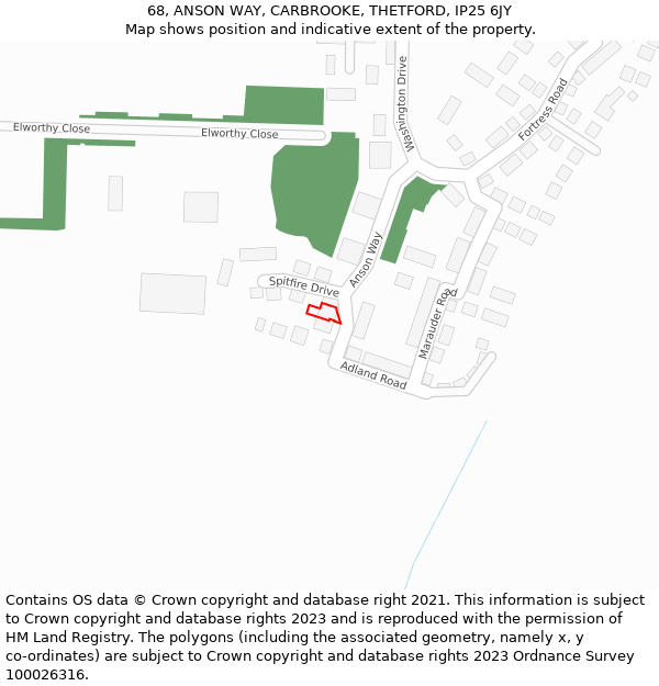 68, ANSON WAY, CARBROOKE, THETFORD, IP25 6JY: Location map and indicative extent of plot