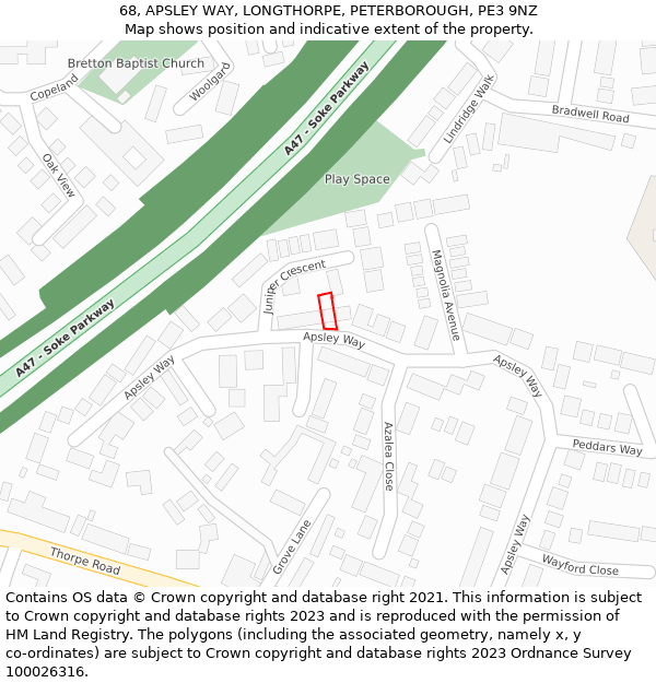 68, APSLEY WAY, LONGTHORPE, PETERBOROUGH, PE3 9NZ: Location map and indicative extent of plot