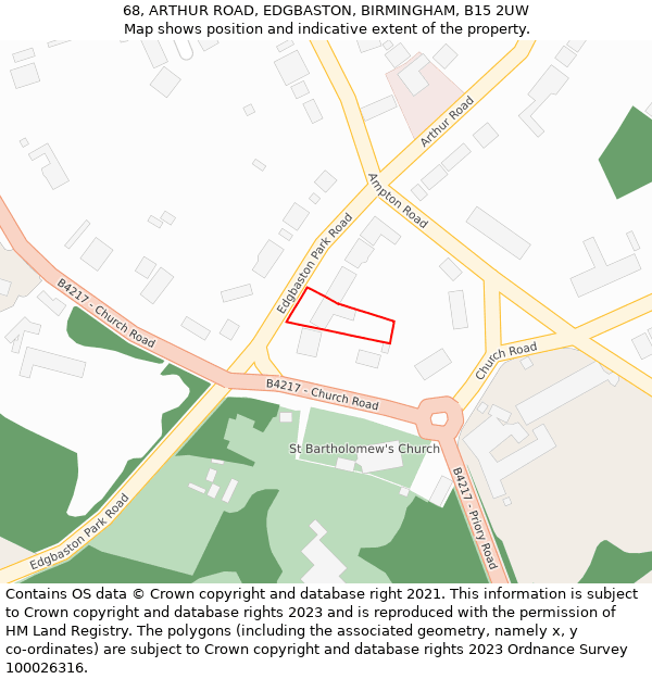 68, ARTHUR ROAD, EDGBASTON, BIRMINGHAM, B15 2UW: Location map and indicative extent of plot