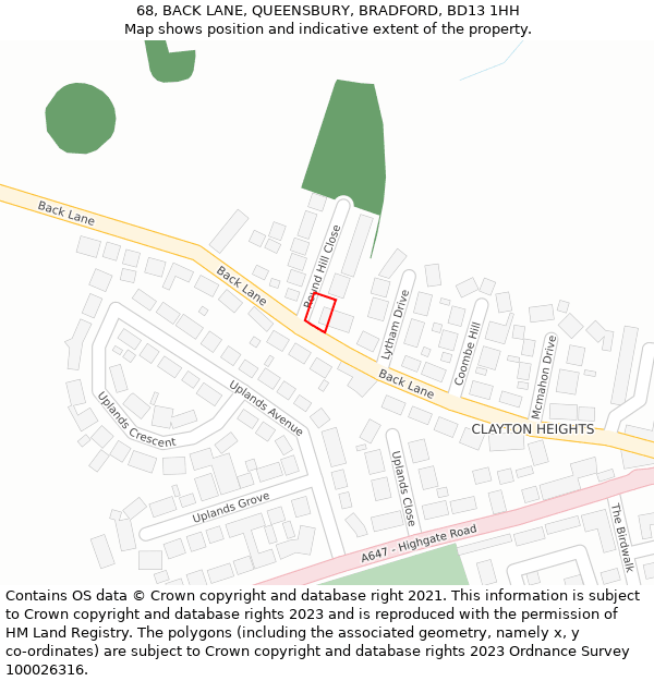 68, BACK LANE, QUEENSBURY, BRADFORD, BD13 1HH: Location map and indicative extent of plot