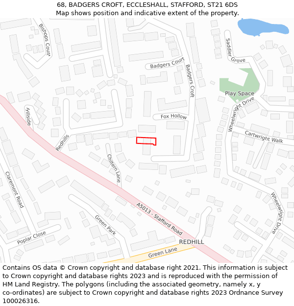 68, BADGERS CROFT, ECCLESHALL, STAFFORD, ST21 6DS: Location map and indicative extent of plot