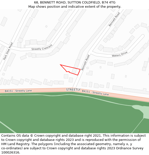 68, BENNETT ROAD, SUTTON COLDFIELD, B74 4TG: Location map and indicative extent of plot
