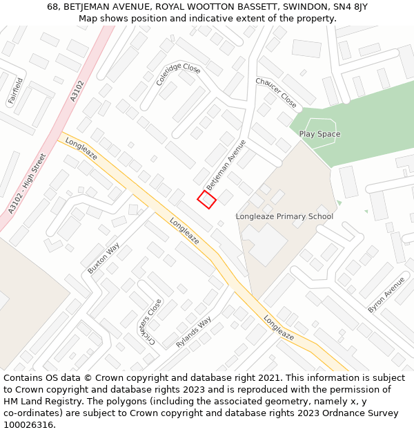 68, BETJEMAN AVENUE, ROYAL WOOTTON BASSETT, SWINDON, SN4 8JY: Location map and indicative extent of plot