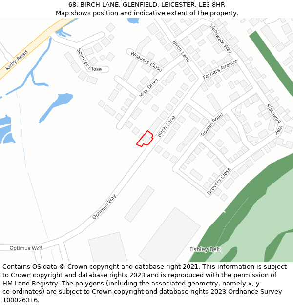 68, BIRCH LANE, GLENFIELD, LEICESTER, LE3 8HR: Location map and indicative extent of plot