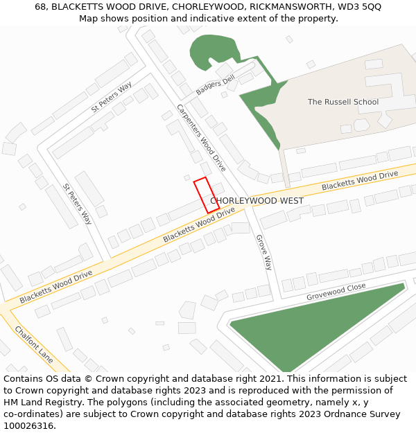 68, BLACKETTS WOOD DRIVE, CHORLEYWOOD, RICKMANSWORTH, WD3 5QQ: Location map and indicative extent of plot