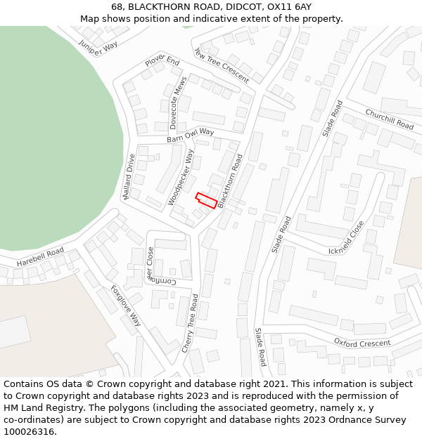 68, BLACKTHORN ROAD, DIDCOT, OX11 6AY: Location map and indicative extent of plot
