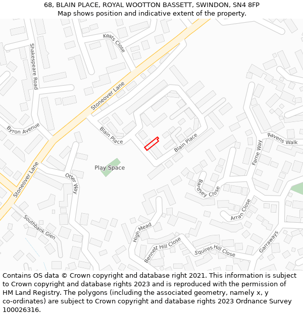 68, BLAIN PLACE, ROYAL WOOTTON BASSETT, SWINDON, SN4 8FP: Location map and indicative extent of plot