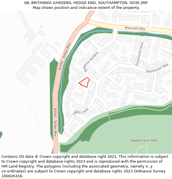 68, BRITANNIA GARDENS, HEDGE END, SOUTHAMPTON, SO30 2RP: Location map and indicative extent of plot